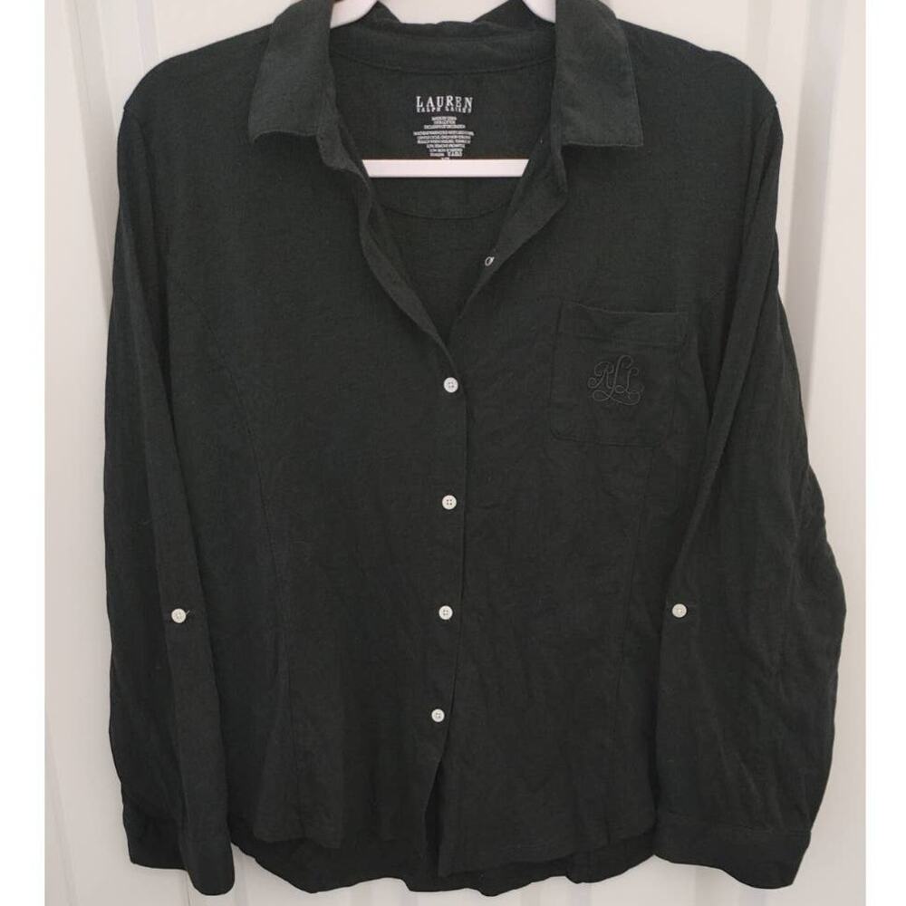 Lauren Ralph Lauren Women's Button Front Long Sleeve Logo Black XL